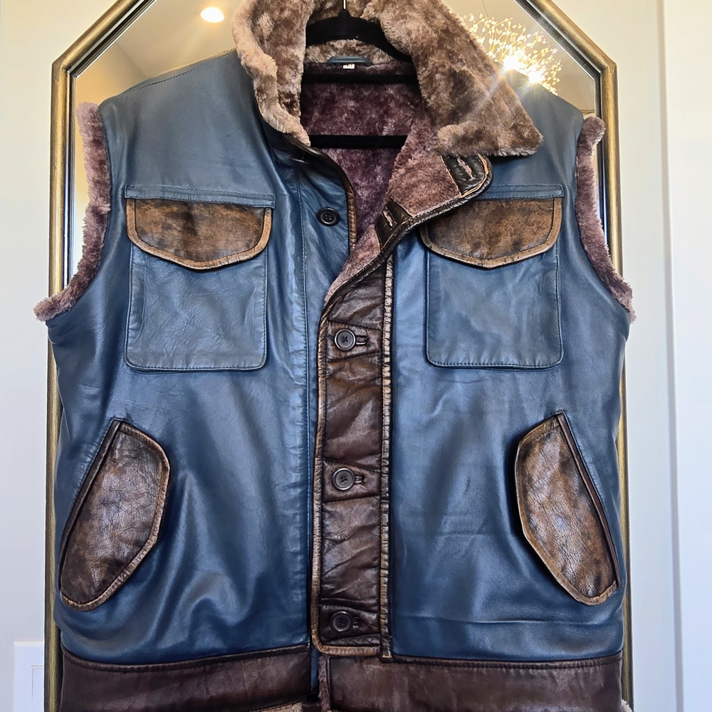 Men's Blue and Brown Leather Vest
